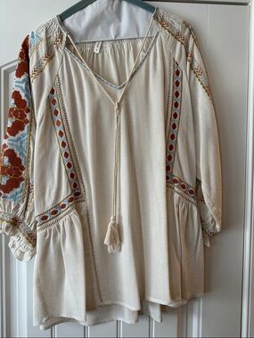 Cream Embroidered Boho Tunic Dress with Tassel Tie